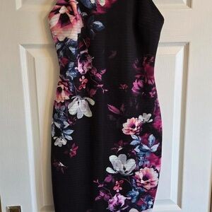 Lipsy Black One Shoulder Dress with Pink Floral Pattern